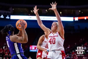 Nebraska Cornhuskers Alexis Markowski (40) defends against Tarleton State Texans Miannah Little (10) in the first half during a women’s college basketball game Wednesday, December 11, 2024, in Lincoln, Nebraska. Photo by John S. Peterson.