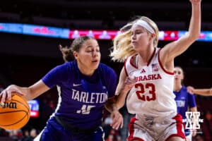 Nebraska Cornhuskers Britt Prince (23) guards against Tarleton State Texans Karyn Sanford (15) in the first half during a women’s college basketball game Wednesday, December 11, 2024, in Lincoln, Nebraska. Photo by John S. Peterson.