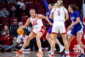 Nebraska Cornhuskers Alexis Markowski (40) drives to the basket against Tarleton State Texans Faith Acker (55) in the first half during a women’s college basketball game Wednesday, December 11, 2024, in Lincoln, Nebraska. Photo by John S. Peterson.