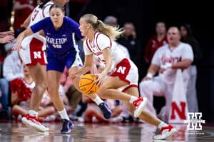 Nebraska Cornhuskers Alberte Rimdal (5) dribbles the ball against Tarleton State Texans Karyn Sanford (15) in the first half during a women’s college basketball game Wednesday, December 11, 2024, in Lincoln, Nebraska. Photo by John S. Peterson.