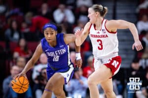Nebraska Cornhuskers Allison Weidner (3) applies pressure to Tarleton State Texans Miannah Little (10) in the first half during a women’s college basketball game Wednesday, December 11, 2024, in Lincoln, Nebraska. Photo by John S. Peterson.