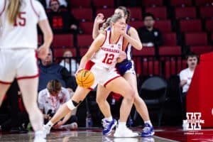 Nebraska Cornhuskers Jessica Petrie (12) drives to the basket against the Tarleton State Texans in the first half during a women’s college basketball game Wednesday, December 11, 2024, in Lincoln, Nebraska. Photo by John S. Peterson.