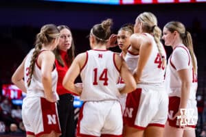 Nebraska Cornhuskers assistant coach Jessica Keller talks to the Huskers at a break in the action against the Tarleton State Texans in the first half during a women’s college basketball game Wednesday, December 11, 2024, in Lincoln, Nebraska. Photo by John S. Peterson.
