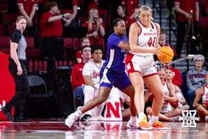 Nebraska Cornhuskers Alexis Markowski (40) drives to the basket against Tarleton State Texans Alani Fluker (23) in the first half during a women’s college basketball game Wednesday, December 11, 2024, in Lincoln, Nebraska. Photo by John S. Peterson.