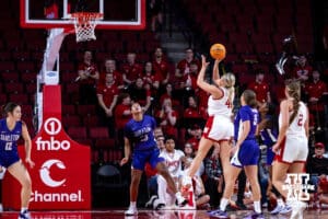 Nebraska Cornhuskers Alexis Markowski (40) makes a jump shot against Tarleton State Texans Alani Fluker (23) in the first half during a women’s college basketball game Wednesday, December 11, 2024, in Lincoln, Nebraska. Photo by John S. Peterson.