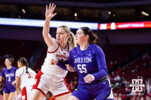 Nebraska Cornhuskers Petra Bozan (44) guards Tarleton State Texans Faith Acker (55) in the first half during a women’s college basketball game Wednesday, December 11, 2024, in Lincoln, Nebraska. Photo by John S. Peterson.
