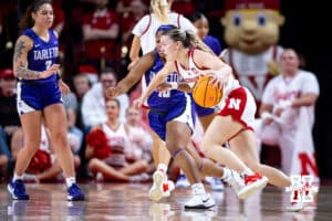 Nebraska Cornhuskers Allison Weidner (3) dribbles the ball against Tarleton State Texans Miannah Little (10) in the first half during a women’s college basketball game Wednesday, December 11, 2024, in Lincoln, Nebraska. Photo by John S. Peterson.