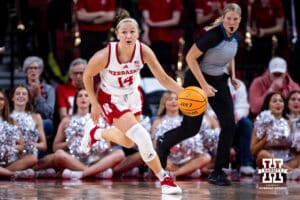 Nebraska Cornhuskers Callin Hake (14) dribbles the ball against the Tarleton State Texans in the second half during a women’s college basketball game Wednesday, December 11, 2024, in Lincoln, Nebraska. Photo by John S. Peterson.