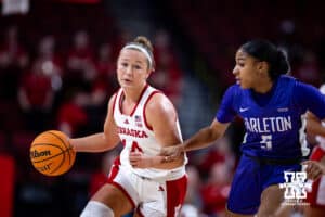 Nebraska Cornhuskers Callin Hake (14) dribbles the ball against Tarleton State Texans Arieona Rosborough (5) in the second half during a women’s college basketball game Wednesday, December 11, 2024, in Lincoln, Nebraska. Photo by John S. Peterson.