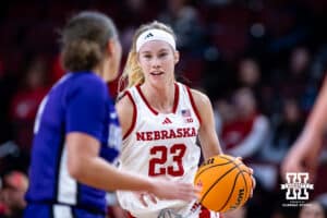 Nebraska Cornhuskers Britt Prince (23) dribbels the ball against the Tarleton State Texans in the second half during a women’s college basketball game Wednesday, December 11, 2024, in Lincoln, Nebraska. Photo by John S. Peterson.