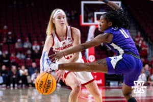 Nebraska Cornhuskers Britt Prince (23) makes a pass against Tarleton State Texans Jakoriah Long (11) in the second half during a women’s college basketball game Wednesday, December 11, 2024, in Lincoln, Nebraska. Photo by John S. Peterson.