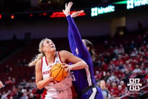 Nebraska Cornhuskers Alexis Markowski (40) drives to the basket against Tarleton State Texans Faith Acker (55) in the second half during a women’s college basketball game Wednesday, December 11, 2024, in Lincoln, Nebraska. Photo by John S. Peterson.