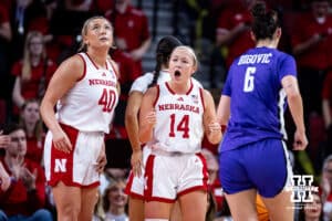 Nebraska Cornhuskers Callin Hake (14) celebrates getting fouled against the Tarleton State Texans in the second half during a women’s college basketball game Wednesday, December 11, 2024, in Lincoln, Nebraska. Photo by John S. Peterson.