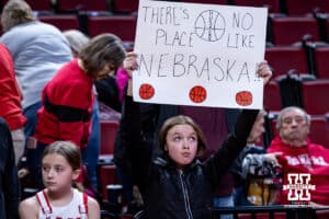Nebraska Cornhuskers fan holding a sign after the win over the Tarleton State Texans during a women’s college basketball game Wednesday, December 11, 2024, in Lincoln, Nebraska. Photo by John S. Peterson.