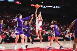 Nebraska Cornhuskers Alberte Rimdal (5) jumps to shoot a ball against the Tarleton State Texans during a college basketball game Wednesday, December 11, 2024, in Lincoln, Nebraska. Photo by Charlotte A. Gottfried.