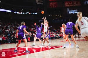 Nebraska Cornhuskers Britt Prince (23) shoots a ball against the Tarleton State Texans during a college basketball game Wednesday, December 11, 2024, in Lincoln, Nebraska. Photo by Charlotte A. Gottfried.