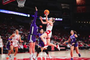 Nebraska Cornhuskers Allison Weidner (3) jumps to shoot a ball against the Tarleton State Texans during a college basketball game Wednesday, December 11, 2024, in Lincoln, Nebraska. Photo by Charlotte A. Gottfried.