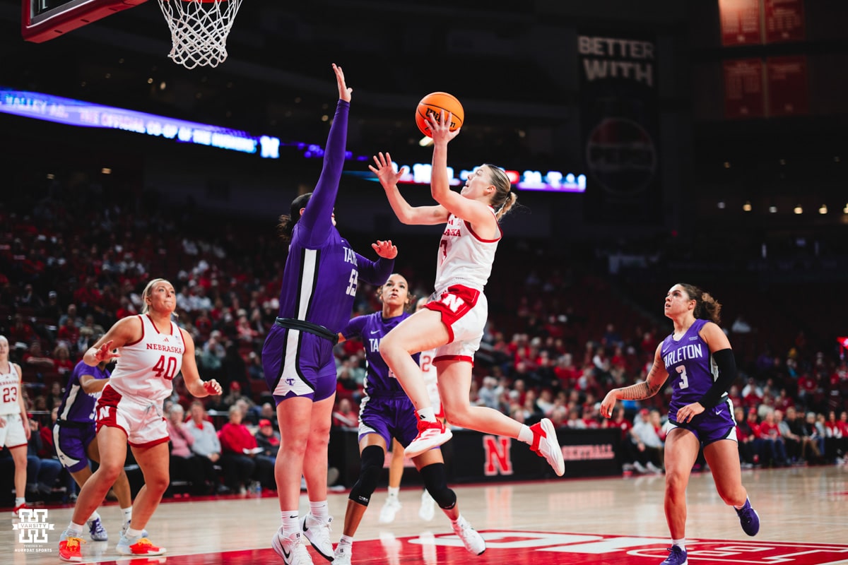 Nebraska Cornhuskers Allison Weidner (3) jumps to shoot a ball against the Tarleton State Texans during a college basketball game Wednesday, December 11, 2024, in Lincoln, Nebraska. Photo by Charlotte A. Gottfried.