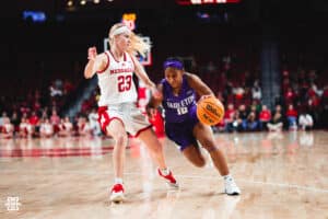 Nebraska Cornhuskers Britt Prince (23) plays defense against Miannah Little (10) against the Tarleton State Texans during a college basketball game Wednesday, December 11, 2024, in Lincoln, Nebraska. Photo by Charlotte A. Gottfried.