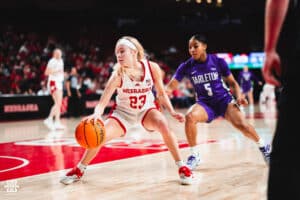 Nebraska Cornhuskers Britt Prince (23) dribbles the ball on offense against the Tarleton State Texans during a college basketball game Wednesday, December 11, 2024, in Lincoln, Nebraska. Photo by Charlotte A. Gottfried.