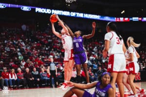 Nebraska Cornhuskers Allison Weidner (3) plays offense against Jakoriah Long (11) against the Tarleton State Texans during a college basketball game Wednesday, December 11, 2024, in Lincoln, Nebraska. Photo by Charlotte A. Gottfried.