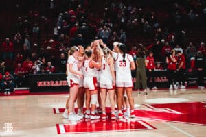 Nebraska Women's Basketball huddle up after the win over the Tarleton State Texans during a college basketball game Wednesday, December 11, 2024, in Lincoln, Nebraska. Photo by Charlotte A. Gottfried.
