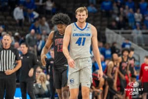 Creighton Bluejays Isaac Traudt after a timeout during a college basketball game against the UNLV Rebels on December 7th, 2024 in Omaha Nebraska. Photo by Brandon Tiedemann.