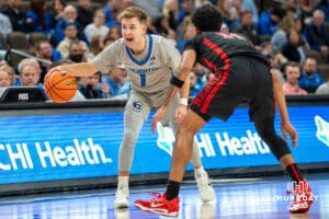 Creighton Bluejays Steven Ashworth calls out a play during a college basketball game against the UNLV Rebels on December 7th, 2024 in Omaha Nebraska. Photo by Brandon Tiedemann.