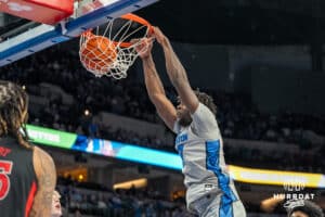 Creighton Bluejays Fredrick King dunks during a college basketball game against the UNLV Rebels on December 7th, 2024 in Omaha Nebraska. Photo by Brandon Tiedemann.