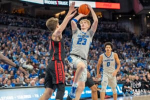 Creighton Bluejays Jackson McAndrew shots a fadeaway during a college basketball game against the UNLV Rebels on December 7th, 2024 in Omaha Nebraska. Photo by Brandon Tiedemann.
