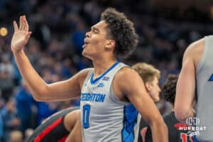 Creighton Bluejays Jasen Green celebrates with teammates during a college basketball game against the UNLV Rebels on December 7th, 2024 in Omaha Nebraska. Photo by Brandon Tiedemann.