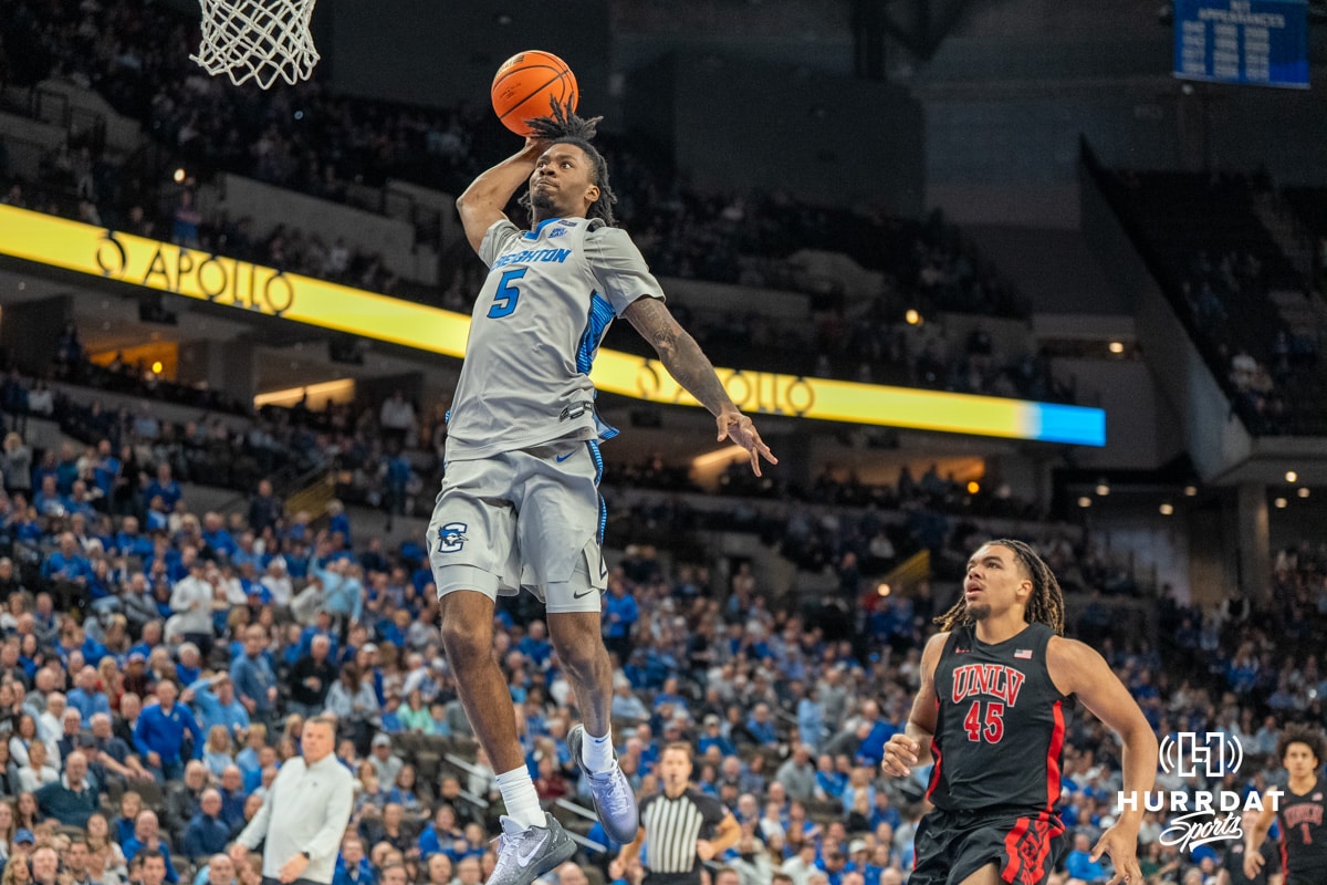 Creighton Bluejays Jamiya Neal dunks during a college basketball game against the UNLV Rebels on December 7th, 2024 in Omaha Nebraska. Photo by Brandon Tiedemann.