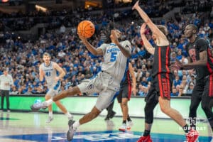 Creighton Bluejays Jamiya Neal attempts a layup during a college basketball game against the UNLV Rebels on December 7th, 2024 in Omaha Nebraska. Photo by Brandon Tiedemann.