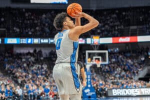 Creighton Bluejays Jasen Green shoots a three during a college basketball game against the UNLV Rebels on December 7th, 2024 in Omaha Nebraska. Photo by Brandon Tiedemann.