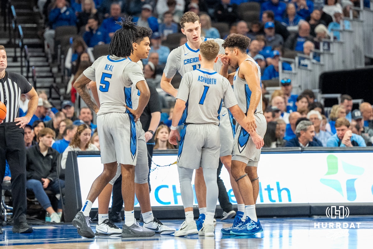 Creighton Bluejays vs UNLV Rebels 2024-12-07 Creighton Bluejays huddle up during a college basketball game against the UNLV Rebels on December 7th, 2024 in Omaha Nebraska. Photo by Brandon Tiedemann.