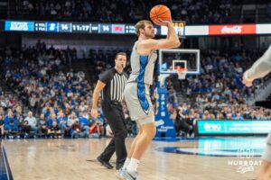 Creighton Bluejays Isaac Traudt shoots during a college basketball game against the UNLV Rebels on December 7th, 2024 in Omaha Nebraska. Photo by Brandon Tiedemann.