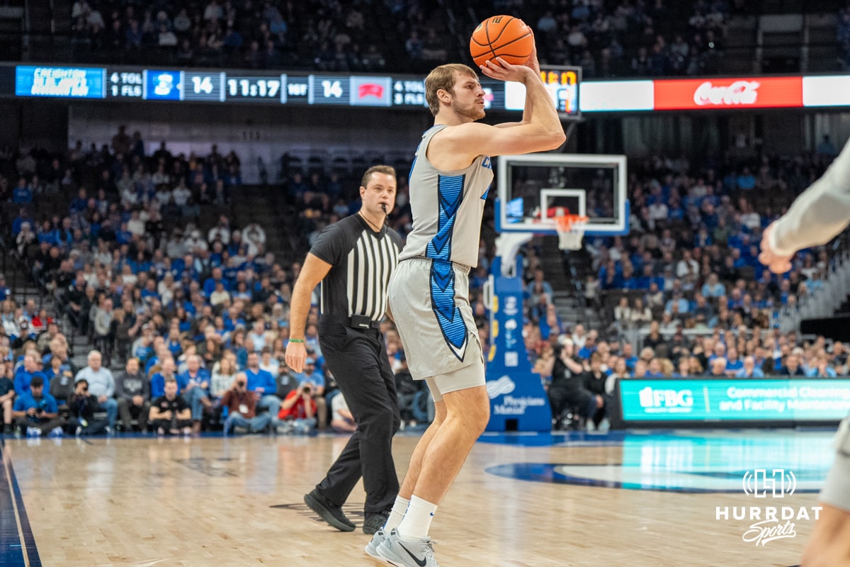 Creighton Bluejays Isaac Traudt shoots during a college basketball game against the UNLV Rebels on December 7th, 2024 in Omaha Nebraska. Photo by Brandon Tiedemann.
