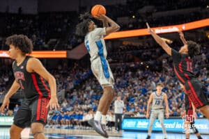 Creighton Bluejays Jamiya Neal shoots a jumpshot during a college basketball game against the UNLV Rebels on December 7th, 2024 in Omaha Nebraska. Photo by Brandon Tiedemann.