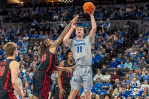 Creighton Bluejays Ryan Kalkbrenner attempts a hook shot during a college basketball game against the UNLV Rebels on December 7th, 2024 in Omaha Nebraska. Photo by Brandon Tiedemann.