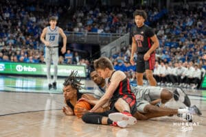 Creighton Bluejays Jamiya Neal goes after a loose ball during a college basketball game against the UNLV Rebels on December 7th, 2024 in Omaha Nebraska. Photo by Brandon Tiedemann.