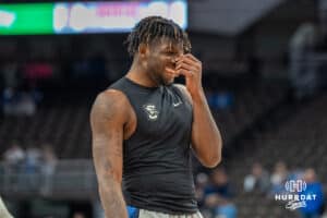 Creighton Bluejays Fredrick King laiughts before a college basketball game against the UNLV Rebels on December 7th, 2024 in Omaha Nebraska. Photo by Brandon Tiedemann.