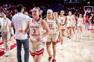 Nebraska Cornhuskers guard Allison Weidner (3) heading to the locker room after the win over the Minnesota Golden Gophers during a college basketball game Sunday, December 8, 2024, in Lincoln, Nebraska. Photo by John S. Peterson.
