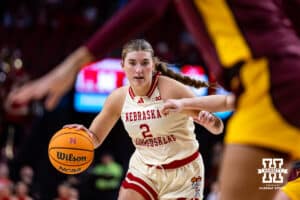 Nebraska Cornhuskers guard Logan Nissley (2) dribbles the ball against the Minnesota Golden Gophers in the second half during a college basketball game Sunday, December 8, 2024, in Lincoln, Nebraska. Photo by John S. Peterson.
