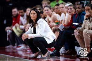Nebraska Cornhuskers head coach Amy Williams watching the game action against the Minnesota Golden Gophers during a college basketball game Sunday, December 8, 2024, in Lincoln, Nebraska. Photo by John S. Peterson.