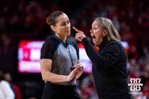 Minnesota Golden Gophers head coach Dawn Plitzuweit talks to the official bgop during a college basketball game Sunday, December 8, 2024, in Lincoln, Nebraska. Photo by John S. Peterson.