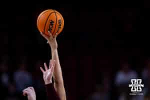 Nebraska Cornhuskers center Alexis Markowski (40) gets the tip-off against the Minnesota Golden Gophers to start the game during a college basketball game Sunday, December 8, 2024, in Lincoln, Nebraska. Photo by John S. Peterson.