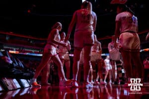 Nebraska Cornhuskers center Alexis Markowski (40) wallks out when introduced against the Minnesota Golden Gophers during a college basketball game Sunday, December 8, 2024, in Lincoln, Nebraska. Photo by John S. Peterson.