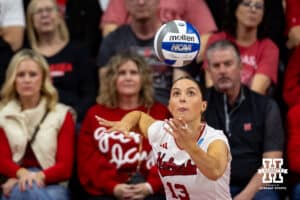Nebraska Cornhuskers outside hitter Merritt Beason (13) serves the ball against the Miami Hurricanes during the second round of the NCAA volleyball tournament Saturday, December 7, 2024, in Lincoln, Nebraska. Photo by John S. Peterson.