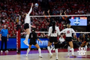 Nebraska Cornhuskers outside hitter Lindsay Krause (22) spikes the ball against the Florida A&M Rattlers in the third set during the first round of the NCAA volleyball tournament Friday, December 6, 2024, in Lincoln, Nebraska. Photo by John S. Peterson.