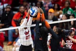 Nebraska Cornhuskers outside hitter Harper Murray (27) battles at the net against the Florida A&M Rattlers in the second set during the first round of the NCAA volleyball tournament Friday, December 6, 2024, in Lincoln, Nebraska. Photo by John S. Peterson.